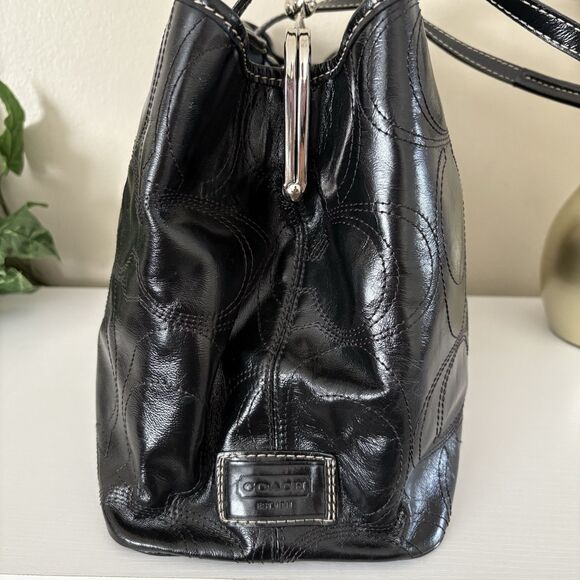 Coach F15658 Black Stitch Signature Leather Framed Carryall KissLock Tote Bag - Picture 3 of 13
